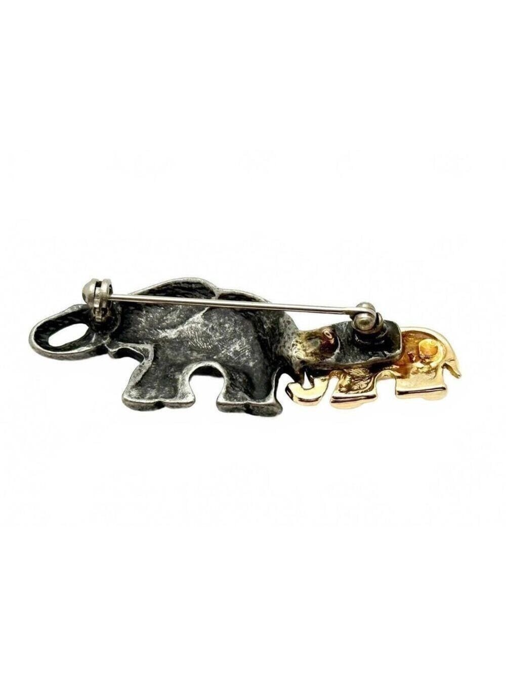 Vintage Two-Tone Elephant Brooch Mother & Baby Silver Gold Tone Animal Pin - Picture 4 of 5